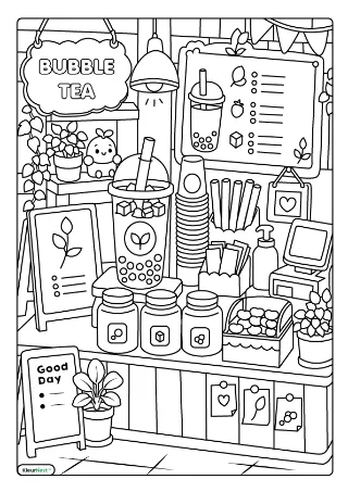 Bubble tea winkel kleurplaat — gratis printbare PDF
