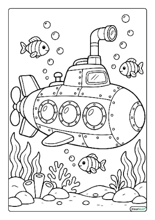 Duikboot onder water kleurplaat — gratis printbare PDF