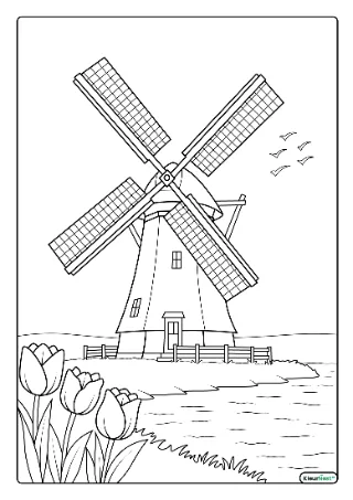 Hollandse molen kleurplaat — gratis printbare PDF