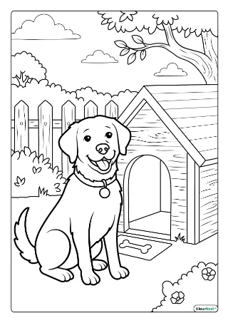 Hond bij hondenhok kleurplaat — gratis printbare PDF