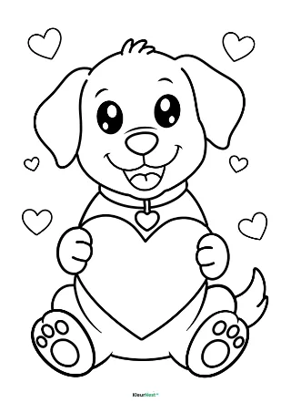 Hond met hartjes kleurplaat — gratis printbare PDF