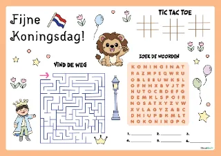 Ingekleurd koningsdag spelletjes placemat — gratis printbare placemat (PDF)