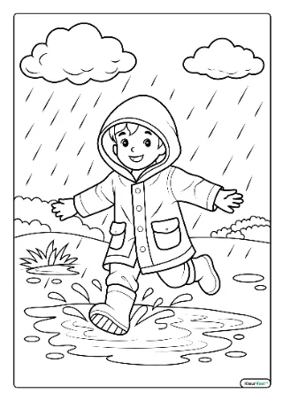 Kind met regenjas kleurplaat — gratis printbare PDF