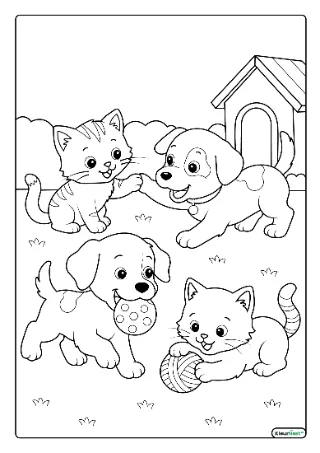 Kittens en puppies samen kleurplaat — gratis printbare PDF