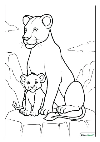 Leeuwin met welpje kleurplaat — gratis printbare PDF