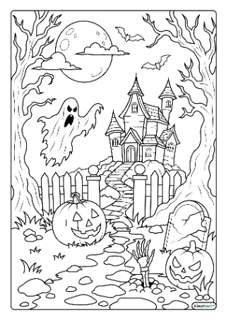 Moeilijke halloween kleurplaat — gratis printbare PDF