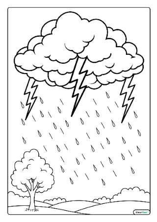 Onweer met regen kleurplaat — gratis printbare PDF