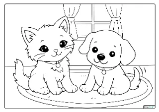 Schattige kittens en puppies kleurplaat — gratis printbare PDF