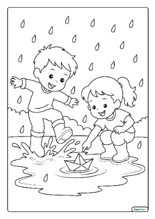 Spelen in de regen kleurplaat — gratis printbare PDF