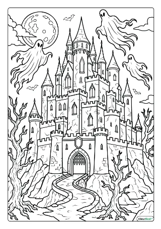 Spookkasteel kleurplaat — gratis printbare PDF