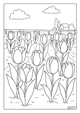 Tulpenveld kleurplaat — gratis printbare PDF