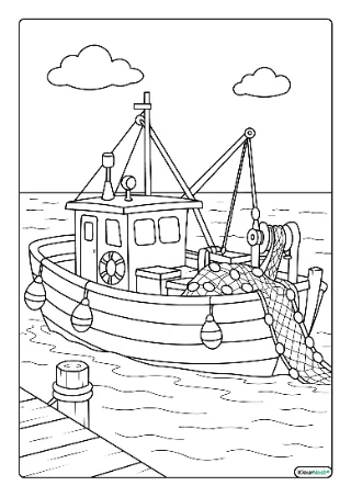 Vissersboot met netten kleurplaat — gratis printbare PDF