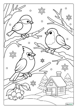 Vogels in de winter kleurplaat — gratis printbare PDF