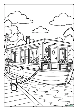Woonboot aan de kade kleurplaat — gratis printbare PDF