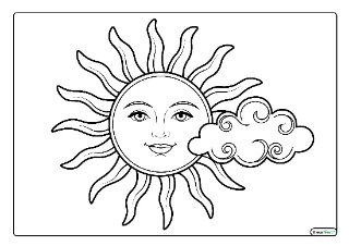 Zon met wolk kleurplaat — gratis printbare PDF
