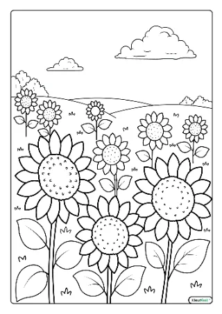 Zonnebloemveld kleurplaat — gratis printbare PDF