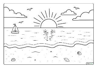 Zonsondergang strand kleurplaat — gratis printbare PDF